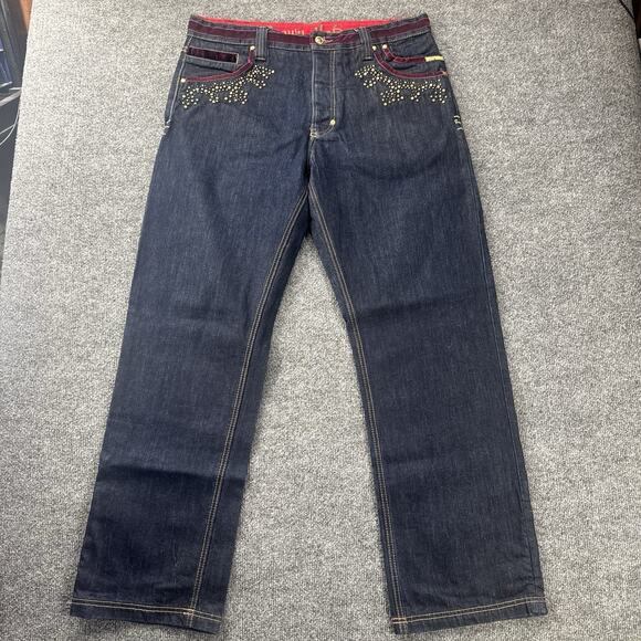 Vintage Y2K Crown Holder Japanese Denim Jeans Embroidered Baggy Street Men 36x32 - Picture 5 of 11